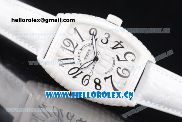 Franck Muller Black Croco Asia Automatic Ceramic Case with White Dial and Arabic Numeral Markers White Leather Strap - Click Image to Close